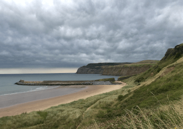 Views over Saltburn Beach from a grassy bank.
