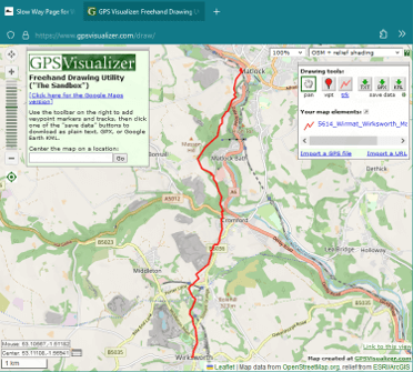 A Slow Ways route loaded on GPS Visualiser, a website that allows you to view customer GPX files.