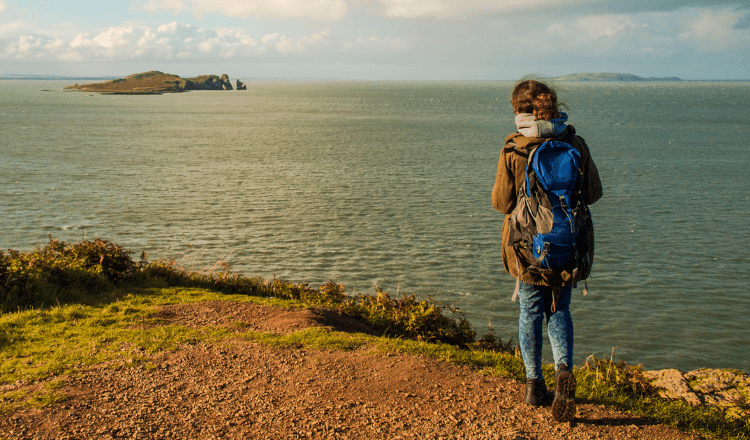 A solo walker looks out over the water from a seaside trail.