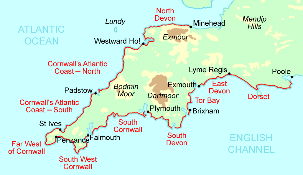 South West Coast Path walking holiday map, showing the trail split into ten sections, perfect to tick off as a grey gapper.