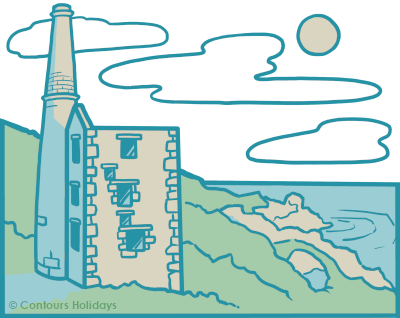 Art in the Contours company colours of Wheal Prosper, the ruin of a tall stone building with a taller chimney beside it, part of a failed tin mine.