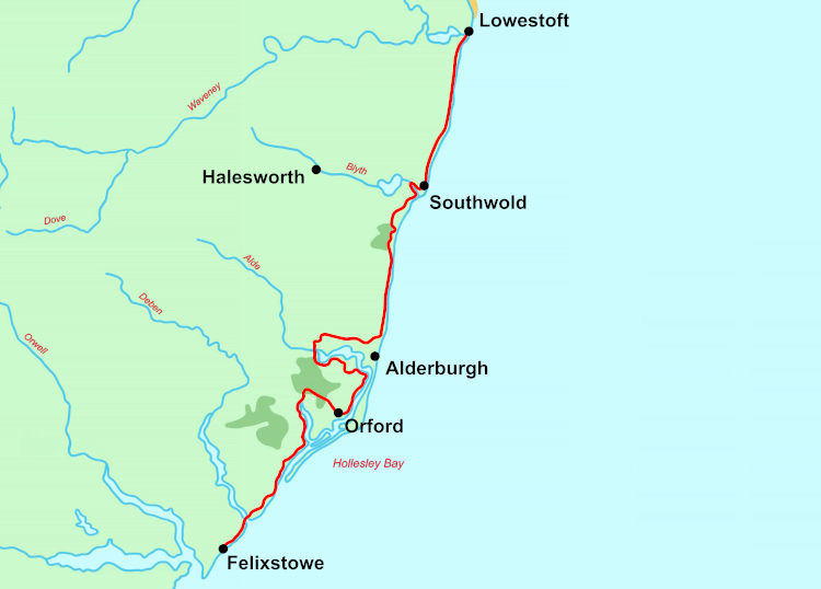 Suffolk Coast Path walking holiday map.