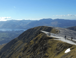 The summit ridge of Blencathra offers wide-ranging views over the steep-sided valley below.