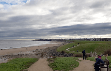 A bright and sunny day on a walking path threading through green fields beside a sandy coastline.