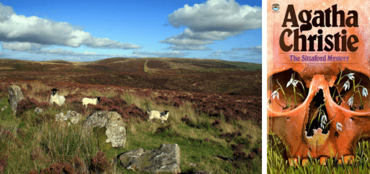 Views over the heathery hills of Dartmoot, dotted with sheep, with the cover of Agatha Christie's The Sittaford Mystery to the right. The cover depicts delicate flowers growing from a human skull.