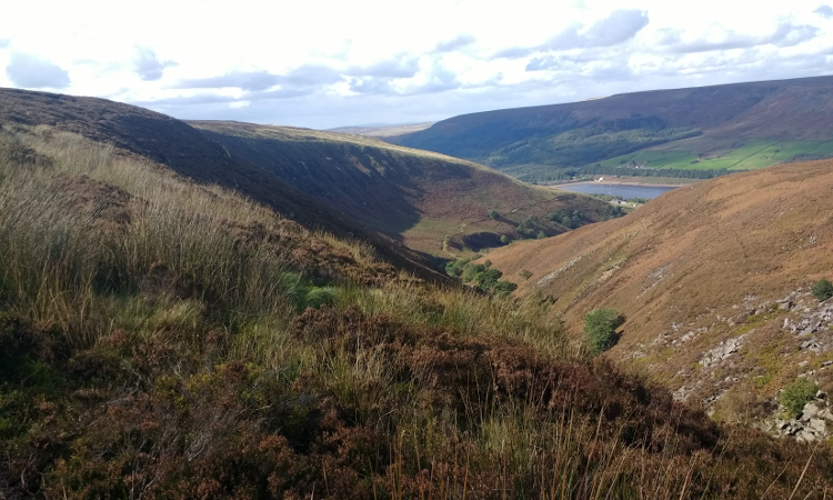 Views over desolate landscapes toward Torside Reservoir.