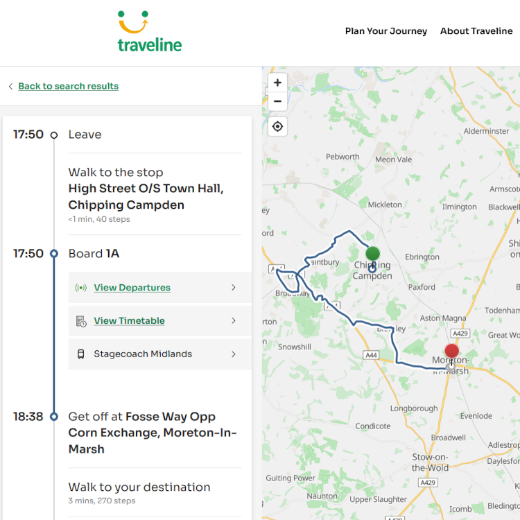 Traveline shows a map and steps to take to bridge two locations on foot and with public transport.