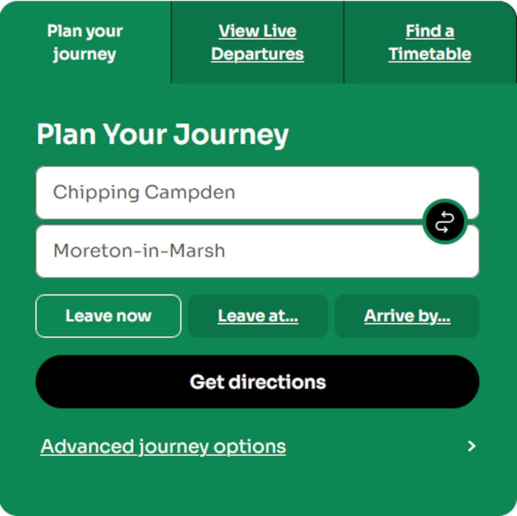 A screenshot of the Traveline website, with boxes to enter the start and end points of your journey - ideal for shortening your walk.