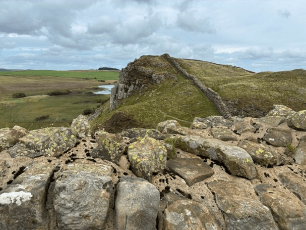 The National Trails' acorn waymarker on a fencepost out on Hadrian's Wall Path.