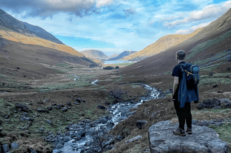 The writer's son overlooks the steep fells of the Lake District.