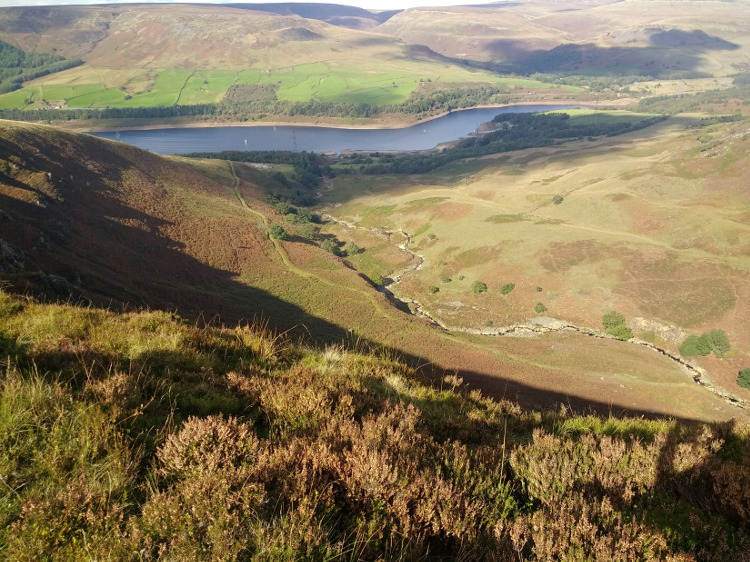 Views down over Woodhead Pass where it crosses Torside Reservoir.