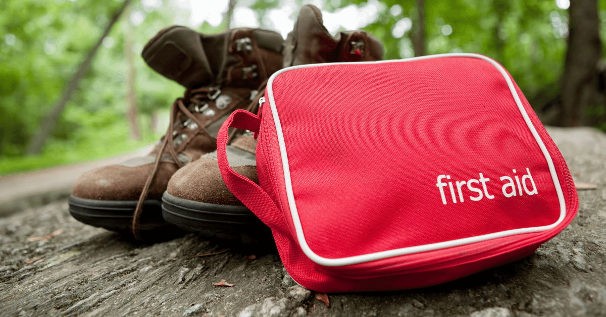 A walker's minimalist first aid kit sits in front of a pair of boots on a log in a forest.