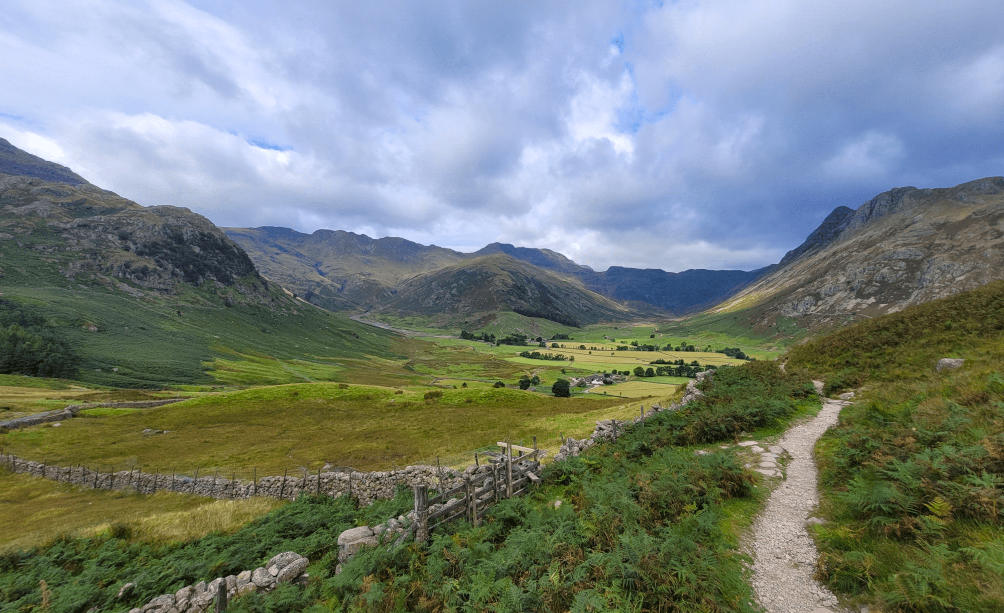 Views along a footpath in the Lake District, with iconic mountain views in the background.
