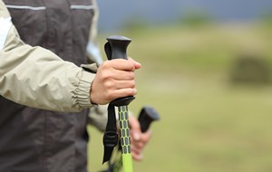 A walker holds their walking poles